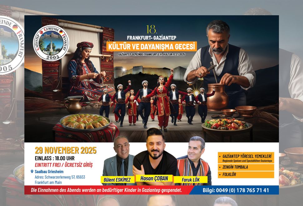 Frankfurt’ta Gaziantep Rüzgârı Esecek: 18. Kültür ve Dayanışma Gecesi